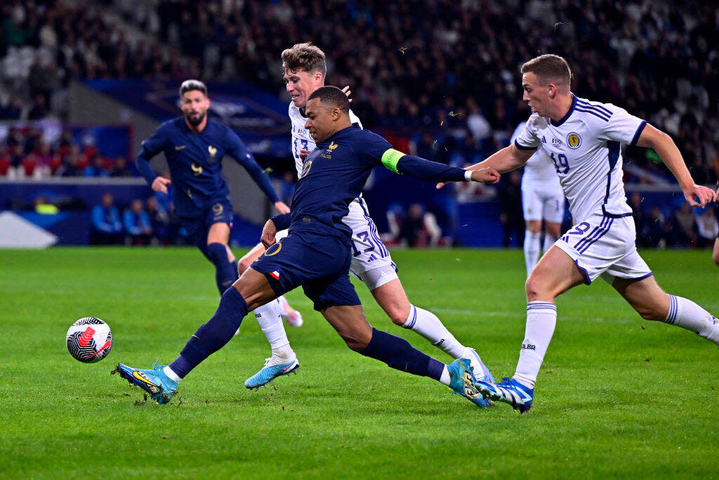 France-Ecosse : le résumé et les buts de Pavard, Mbappé et Coman (Photo de Mbappé lors du match amical France-Ecosse le 17 octobre 2023) 