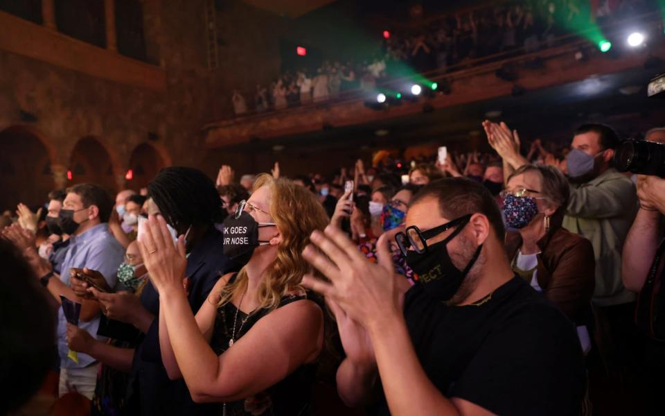 The audience gives a standing ovation after watching the opening night of previews for "Pass Over" - Reuters