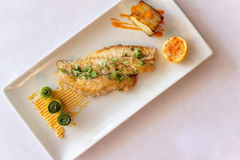 The yellowtail snapper fillet with potato pave and rolled and roasted zucchini at Medi Terra in Boca Raton is a great way to tell Mom you love her.