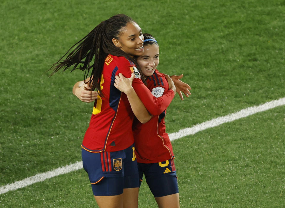 Soccer Football - FIFA Women’s World Cup Australia and New Zealand 2023 - Semi Final - Spain v Sweden - Eden Park, Auckland, New Zealand - August 15, 2023 Spain's Salma Paralluelo celebrates scoring their first goal with Aitana Bonmati REUTERS/Amanda Perobelli