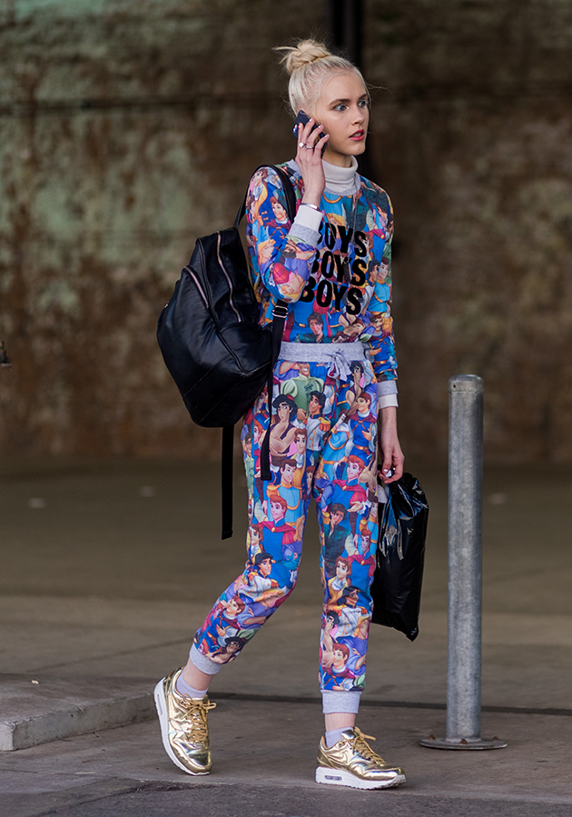 Gold runners, Disney tracksuit, slick backpack - we are all over this look.