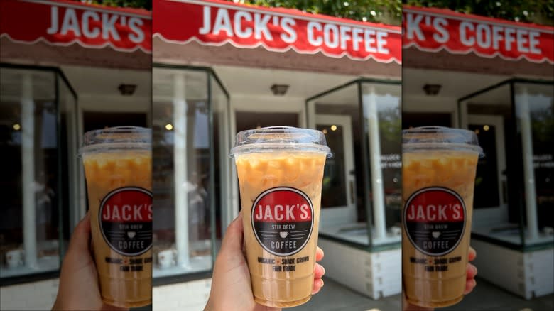 iced coffee and storefront