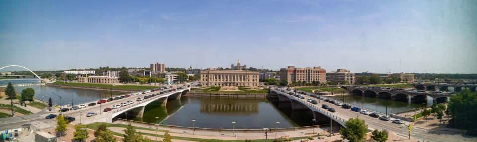 A panoramic stitched photo from the fourth floor of the new federal courthouse at 101 Locust St. in Des Moines shows the portion of the east bank of the Des Moines River that could be redeveloped should Des Moines move its workers out of the Argonne Armory, seen on the far left, and police headquarters, seen on the far right. Second from right is the US Federal Courthouse, which also could be sold for redevelopment when the government finishes building its new courthouse.