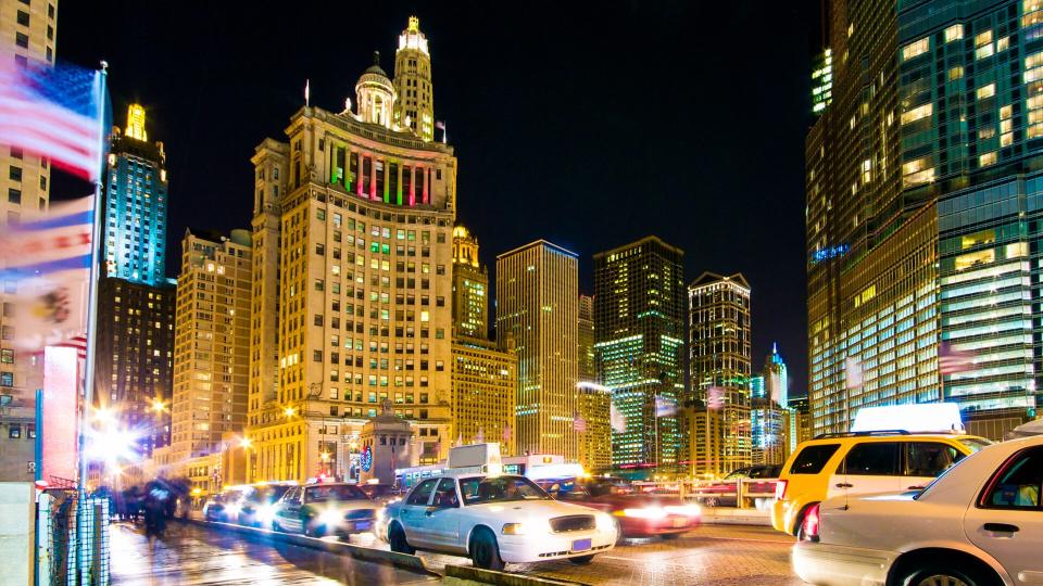 Evening Traffic on Michigan Avenue at the Chicago River.