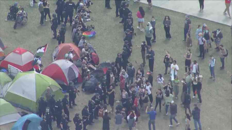 Police crews responded to an encampment at a pro-Palestine protest at the Auraria campus in Denver, Colorado, on April 26, 2024. (KDVR)