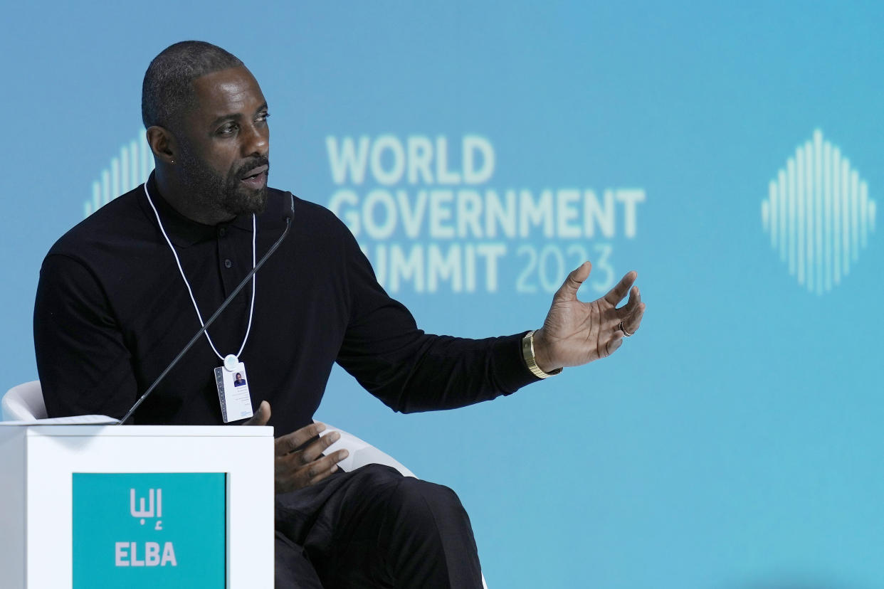 British actor Idris Elba speaks during the World Government Summit in Dubai, United Arab Emirates, Tuesday, Feb. 14, 2023. While on stage, Elba brought up the persistent discussions about him taking over as Ian Fleming's famed British spy 007. (AP Photo/Kamran Jebreili)