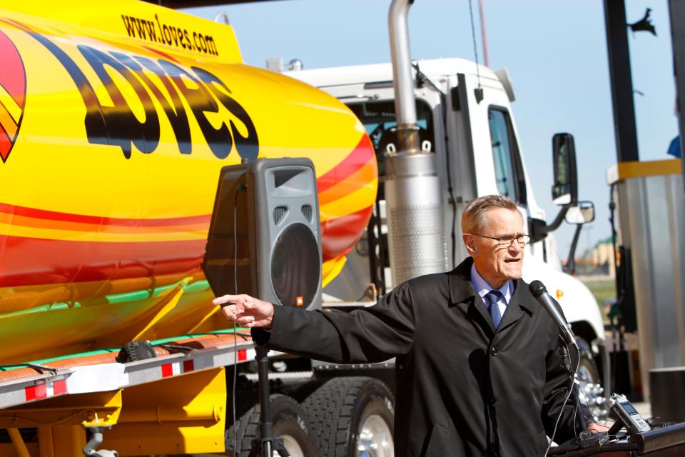 Tom Love, the founder of Love's Travel Stops, is pictured in this 2012 file photo taken during the opening of Love's first u0022fast fillu0022 CNG facility at Interstate 40 and Morgan Road in Oklahoma City.