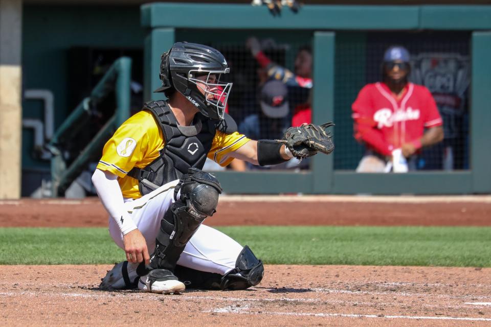 Catcher Christian Molfetta with Triple-A Salt Lake in the Los Angeles Angels' organization during the 2023 season.