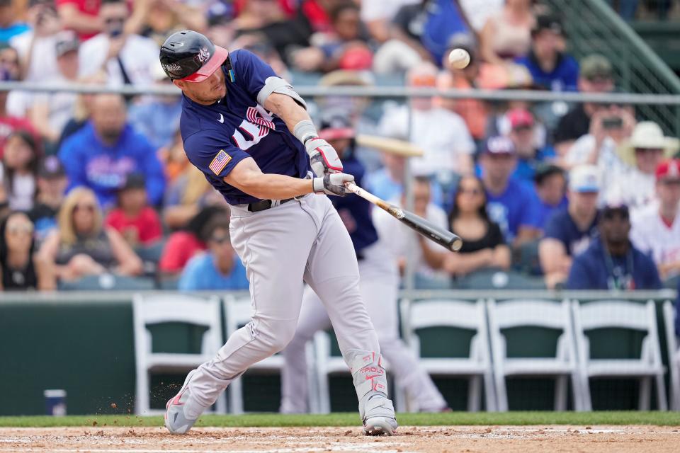 Mike Trout playing for Team USA during Thursday's exhibition game against his Angels.