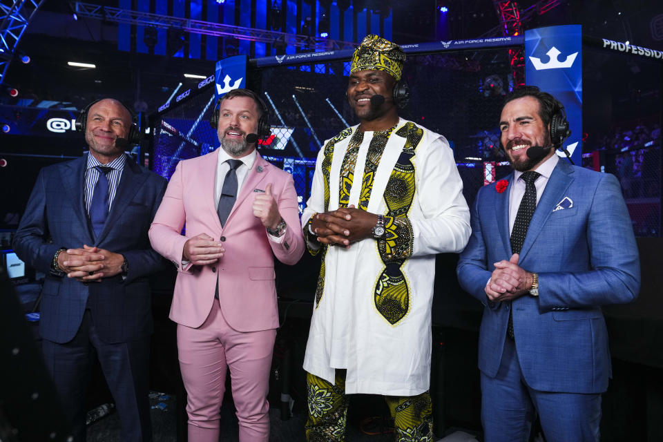 ATLANTA, GA - JUNE 16: Francis Ngannou visits with the PFL broadcast team during PFL 2023 week 5 at OTE Arena on June 16, 2023 in Atlanta, Georgia. (Photo by Cooper Neill/Getty Images)