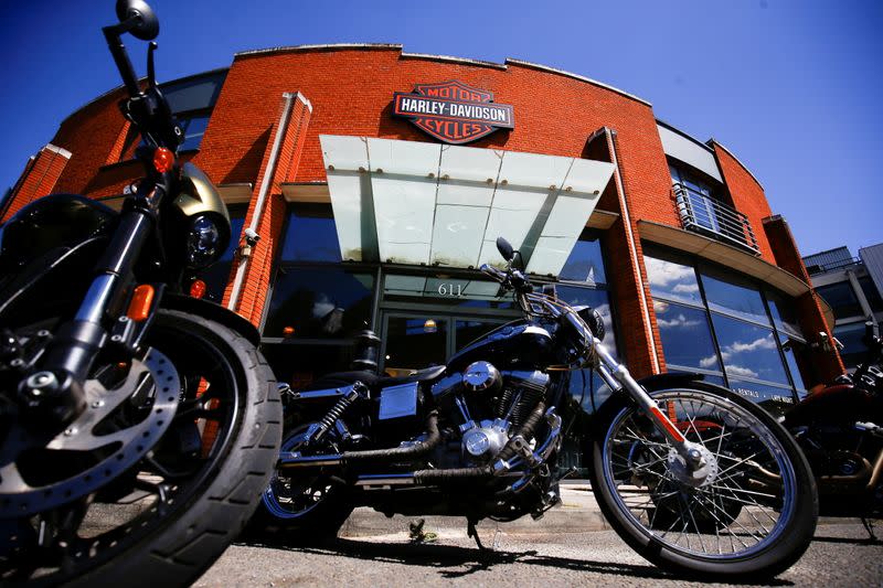 FILE PHOTO: Harley Davidson motorcycles are displayed for sale at a showroom in London