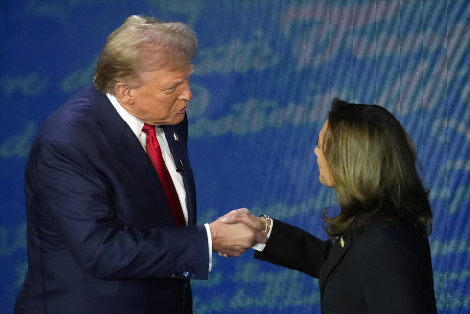 Republican presidential nominee former President Donald Trump shakes hands with Democratic presidential nominee Vice President Kamala Harris during an ABC News presidential debate at the National Constitution Center, Tuesday, Sept.10, 2024, in Philadelphia. (AP Photo/Alex Brandon)