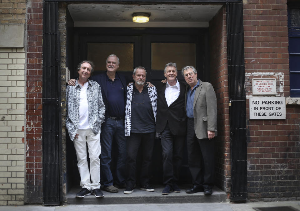 (left to right) Eric Idle, John Cleese, Terry Gilliam, Michael Palin and Terry Jones from Monty Python at a photocall before their series of live dates which start at the O2 Arena.