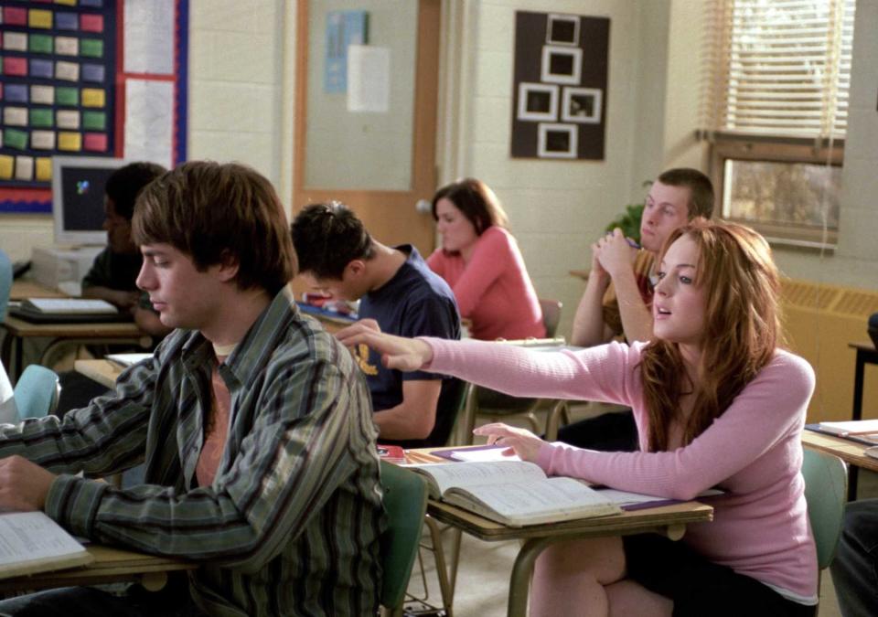 Lindsay Lohan and Jonathan Bennett in a classroom scene from the movie 'Mean Girls'
