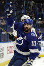 Tampa Bay Lightning left wing Alex Killorn (17) celebrates his goal against the Florida Panthers during the second period in Game 4 of an NHL hockey Stanley Cup first-round playoff series Saturday, May 22, 2021, in Tampa, Fla. (AP Photo/Chris O'Meara)