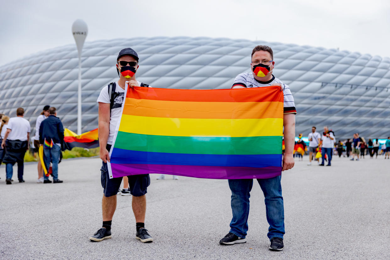 MUNICH, GERMANY - JUNE 23: supporters of Germany with rainbow flags during the    match between Germany v Hungary at the Allianz Arena on June 23, 2021 in Munich Germany (Photo by Laurens Lindhout/Soccrates/Getty Images)