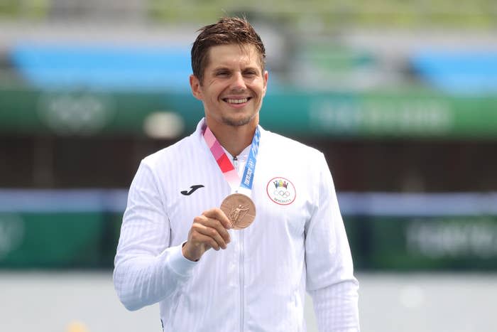 Moldova Canoer Serghei Tarnovschi holds bronze medal