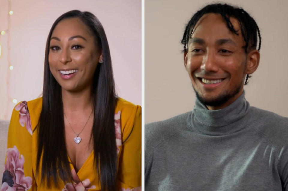 Stacia smiles during a "Married at First Sight" confessional, Nate smiles while talking with friends