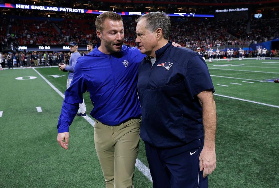 Los Angeles head coach Sean McVay, left, shown speaking with New England head coach Bill Belichick before Super Bowl 53.