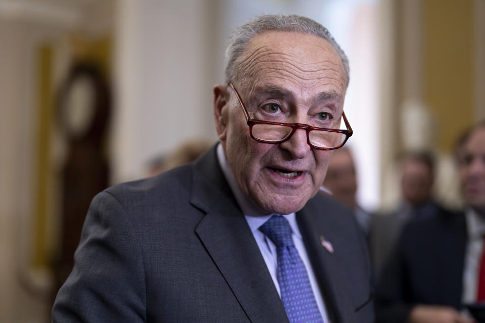 Senate Majority Leader Chuck Schumer, D-N.Y., talks with reporters to discuss efforts to pass the final set of spending bills to avoid a partial government shutdown, at the Capitol in Washington, Wednesday, March 20, 2024. (AP Photo/J. Scott Applewhite)