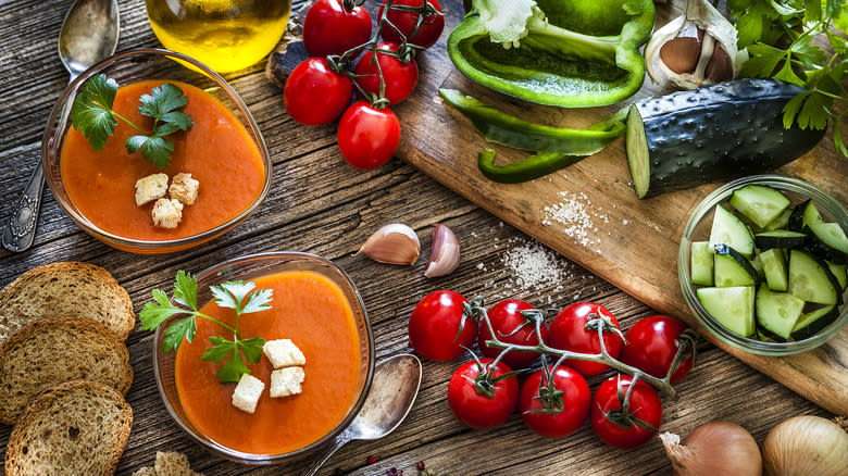 Tomatoes, zucchini, olive oil, garlic, peppers