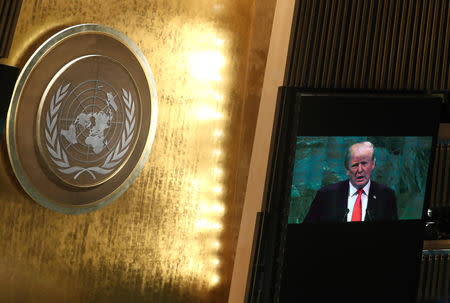 U.S. President Donald Trump is shown on a large screen as he addresses the 73rd session of the United Nations General Assembly at U.N. headquarters in New York, U.S., September 25, 2018. REUTERS/Shannon Stapleton