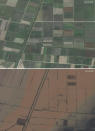 This combination of satellite images from Maxar Technologies compares a view on Sept. 16, 2022, of fields and farms east of Proastio, in the central region of Thessaly, Greece and on Sept. 9, 2023 after it was flooded following torrential rain earlier in the week. (Satellite image ©2023 Maxar Technologies via AP)