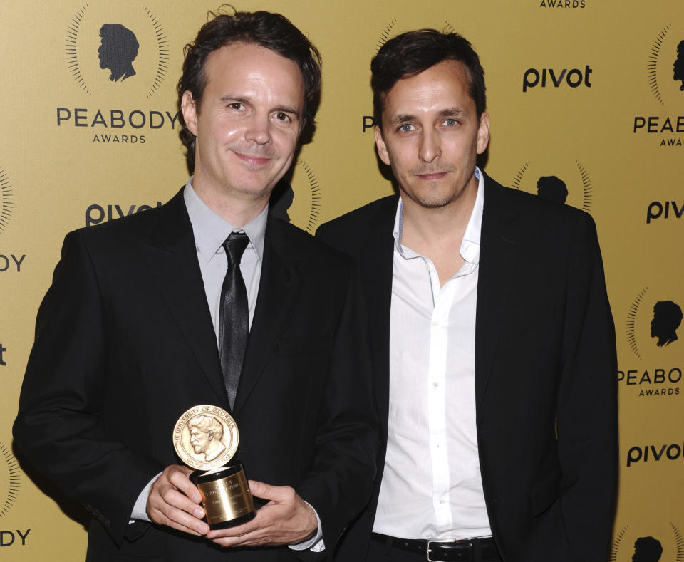 Peabody Award Recipients Craig Renaud, left, and Brent Renaud attend the 74th Annual Peabody Awards at Cipriani Wall Street on May 31, 2015, in New York. Brent Renaud, an American journalist, was killed in a suburb of Kyiv, Ukraine, on Sunday, March 13, 2022, while gathering material for a report about refugees. Ukrainian authorities said he died when Russian forces shelled the vehicle he was traveling in. (Photo by Charles Sykes/Invision/AP)