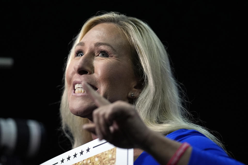 FILE - Rep. Marjorie Taylor Greene, R-Ga., talks at a campaign rally March 9, 2024, in Rome Ga. House Speaker Mike Johnson is at risk of being ousted. Greene filed a “motion to vacate” Friday, March 22, in the middle of a House vote on a $1.2 trillion package to keep the government open. (AP Photo/Mike Stewart, File)