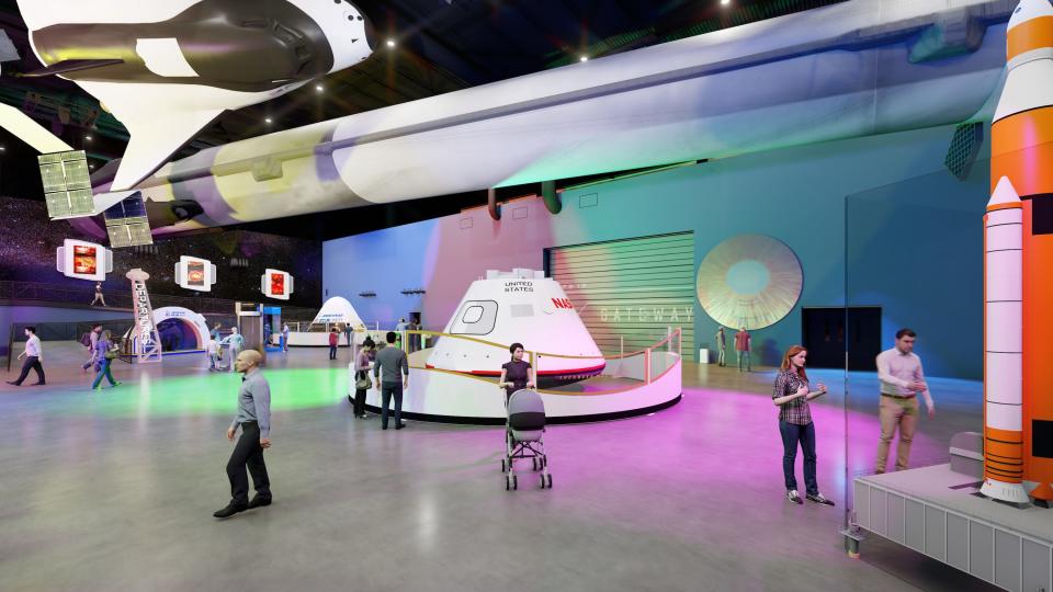 Inside the Gateway attraction is a flown SpaceX Falcon 9 booster, full-scale replica of Sierra Space's Dream Chaser spaceplane, and an Orion capsule that flew on NASA's EFT-1 mission in 2014. Gateway also features interactive experiences.