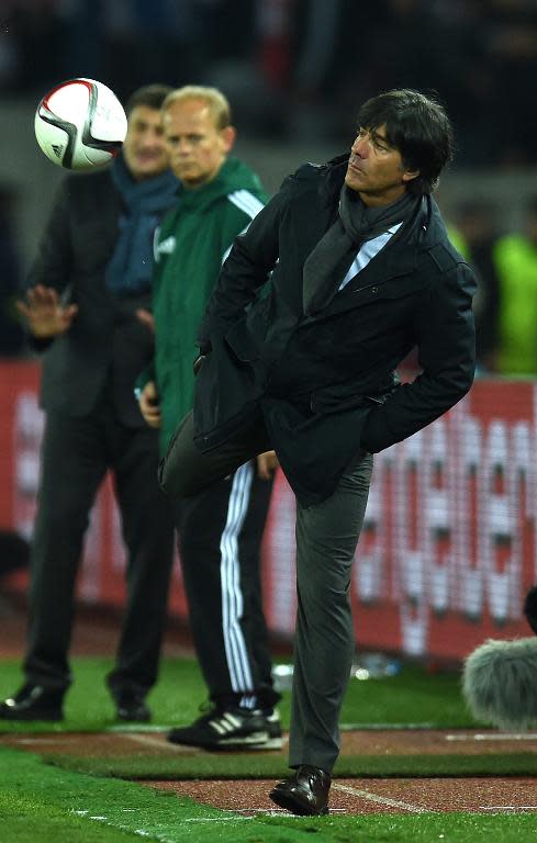 Germany's head coach Joachim Loew reacts during the Euro 2016 qualifying football match between Georgia and Germany at the Boris-Paitschadse-Stadium in Tbilisi on March 29, 2015