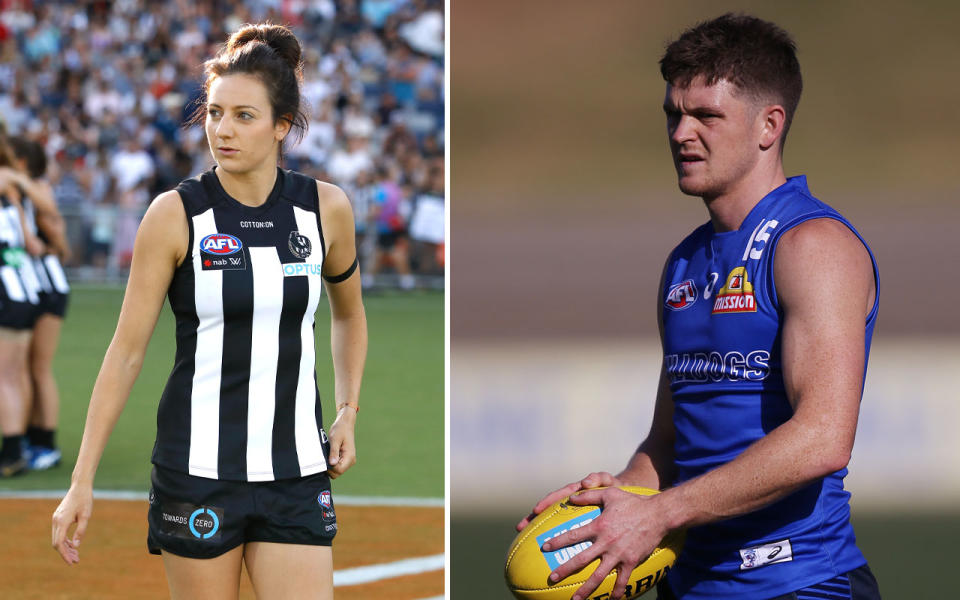 AFLW captain Stephanie Chiocci and Western Bulldogs defender Taylor Duryea had a brief spat on Twitter over the weekend. Pictures: GETTY IMAGES