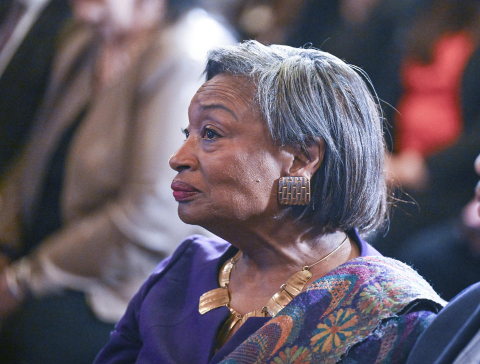 Senate Majority Leader, Andrea Stewart-Cousins, D-Yonkers, listens to New York Gov. Kathy Hochul present her 2025 executive state budget in the Red Room at the state Capitol Tuesday, Jan. 16, 2024, in Albany, N.Y. (AP Photo/Hans Pennink)