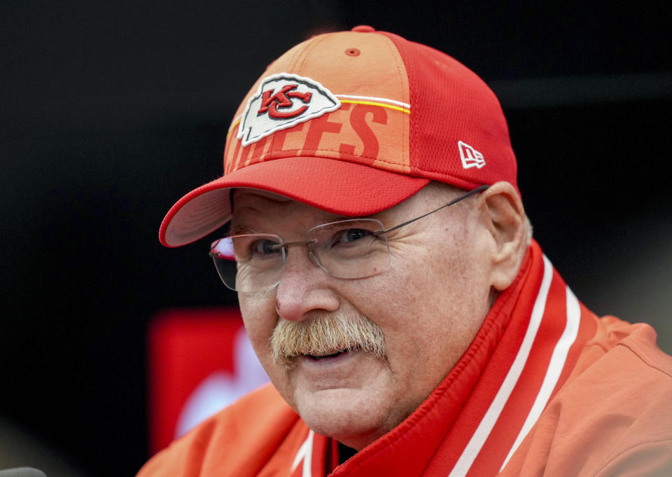 Kansas City Chiefs head coach Andy Reid attends a press conference in Frankfurt, Germany, Friday, Nov. 3, 2023. The Kansas City Chiefs are set to play the Miami Dolphins in a NFL game in Frankfurt on Sunday Nov. 5, 2023. (AP Photo/Michael Probst)