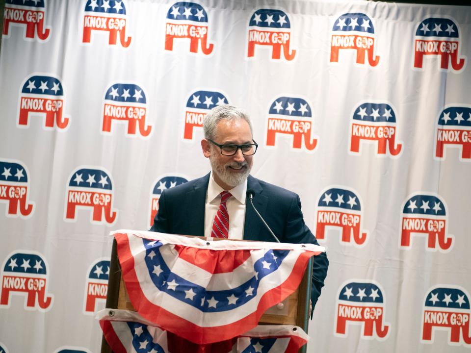 Charlie Susano thanks the crowd at the GOP election party after winning reelection for Knox County Circuit Court Clerk in Knoxville, Tenn on Thursday, August 4, 2022. 