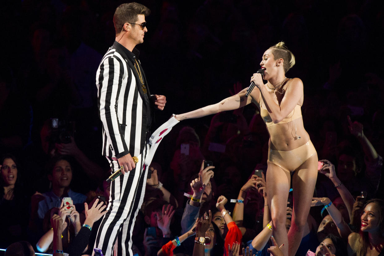 Robin Thicke and Miley Cyrus perform at the MTV Video Music Awards on Sunday, Aug. 25, 2013, at the Barclays Center in the Brooklyn borough of New York. (Photo by Charles Sykes/Invision/AP)