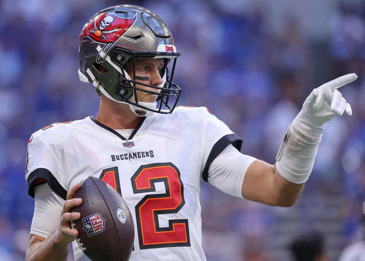Tom Brady #12 of Tampa Bay Buccaneers has fantasy questions in 2022