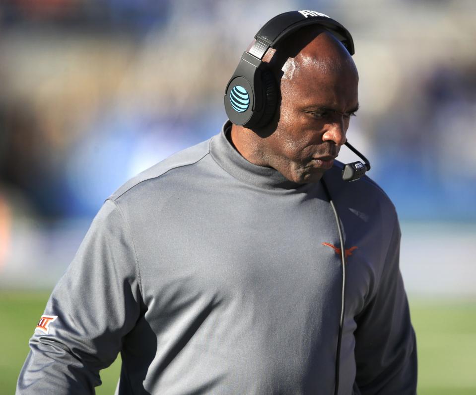 After a loss at Kansas, Charlie Strong is now 16-20 in three seasons at Texas. (AP Photo/Orlin Wagner)