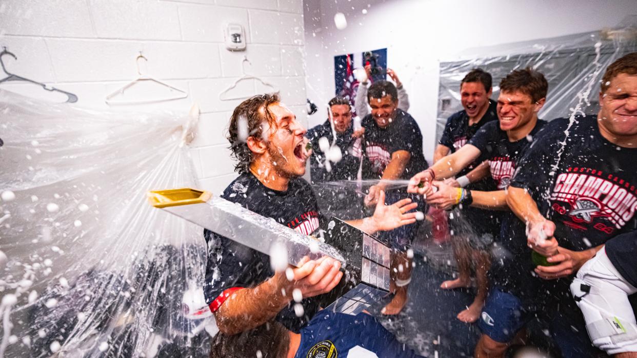 The Boston Cannons celebrate in the locker room after winning the PLL Championship Series. (Premier Lacrosse League)