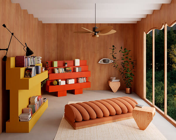 The Marshmallow sofa, Red and Yellow bookcases, and Triangle table by Rejo