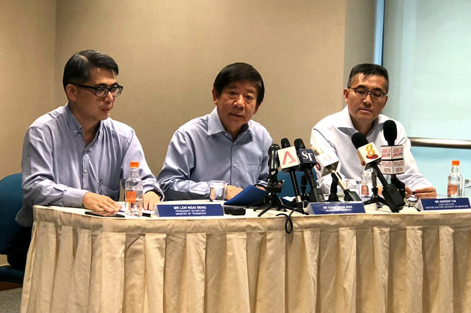 Singapore Transport Minister Khaw Boon Wan giving a media briefing at Parliament House on 6 December 2018 on Malaysia’s intrusions into Singapore Territorial Waters. PHOTO: Nicholas Yong/Yahoo News Singapore