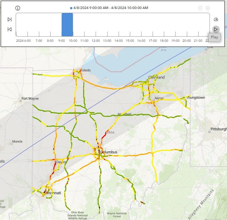 Ohio Department of Transportation traffic outlook for 575,000 vehicles from 9-10 a.m. on April 8, 2024, the day of the total solar eclipse.