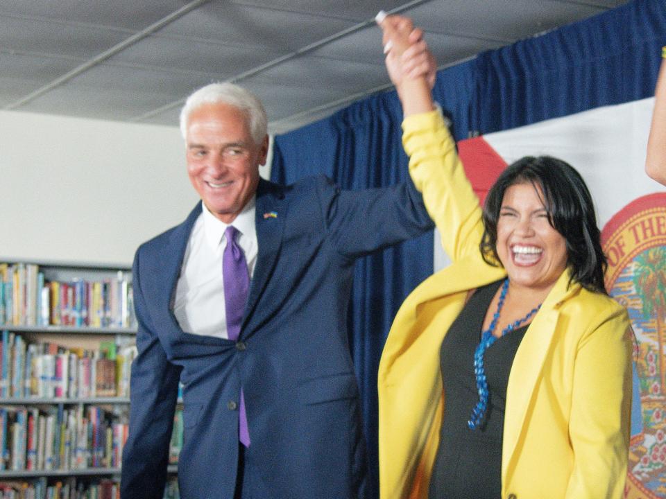 Rep. Charlie Crist celebrates as he announces his running mate Karla Hernández-Mats at Hialeah Middle School in Hialeah, Florida, on Saturday Aug. 27, 2022 as he challenges Republican Gov. Ron DeSantis in November.