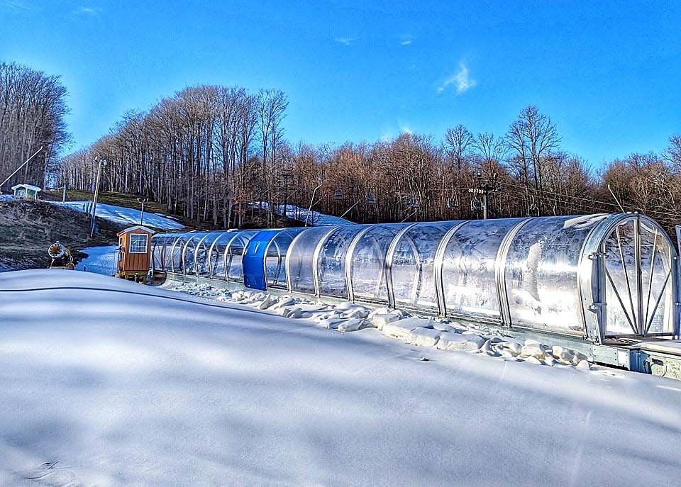 The new 120-foot conveyor lift at Mount Pleasant of Edinboro in Washington Township. The lodge expects to open by mid-December.