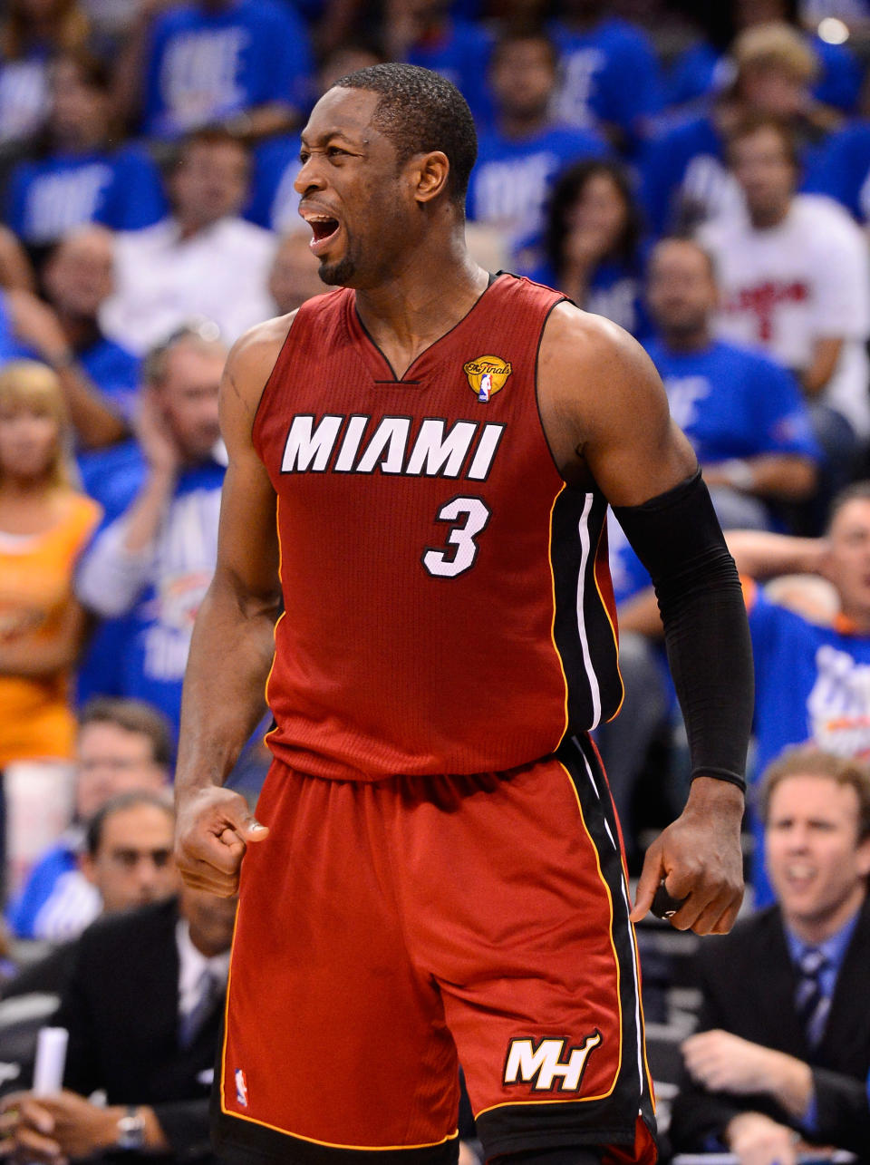 Dwyane Wade #3 of the Miami Heat reacts in the second half while taking on the Oklahoma City Thunder in Game One of the 2012 NBA Finals at Chesapeake Energy Arena on June 12, 2012 in Oklahoma City, Oklahoma.