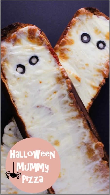 <p>Simply Lakita</p><p>French bread pizzas are fun but when they dress up as mummies, even more fun for the whole family! Less than 30 minutes to bake and on the table to enjoy!</p><p><strong>Get the recipe here: <a href="https://www.simplylakita.com/mummy-pizza/" rel="nofollow noopener" target="_blank" data-ylk="slk:Mummy Pizzas;elm:context_link;itc:0;sec:content-canvas" class="link rapid-noclick-resp">Mummy Pizzas</a></strong></p>