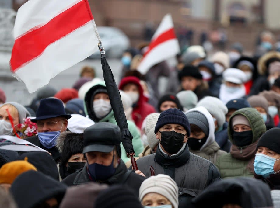 Belarusian pensioners march during a rally to protest against Mr Lukashenko in Minsk, Belarus (EPA-EFE)