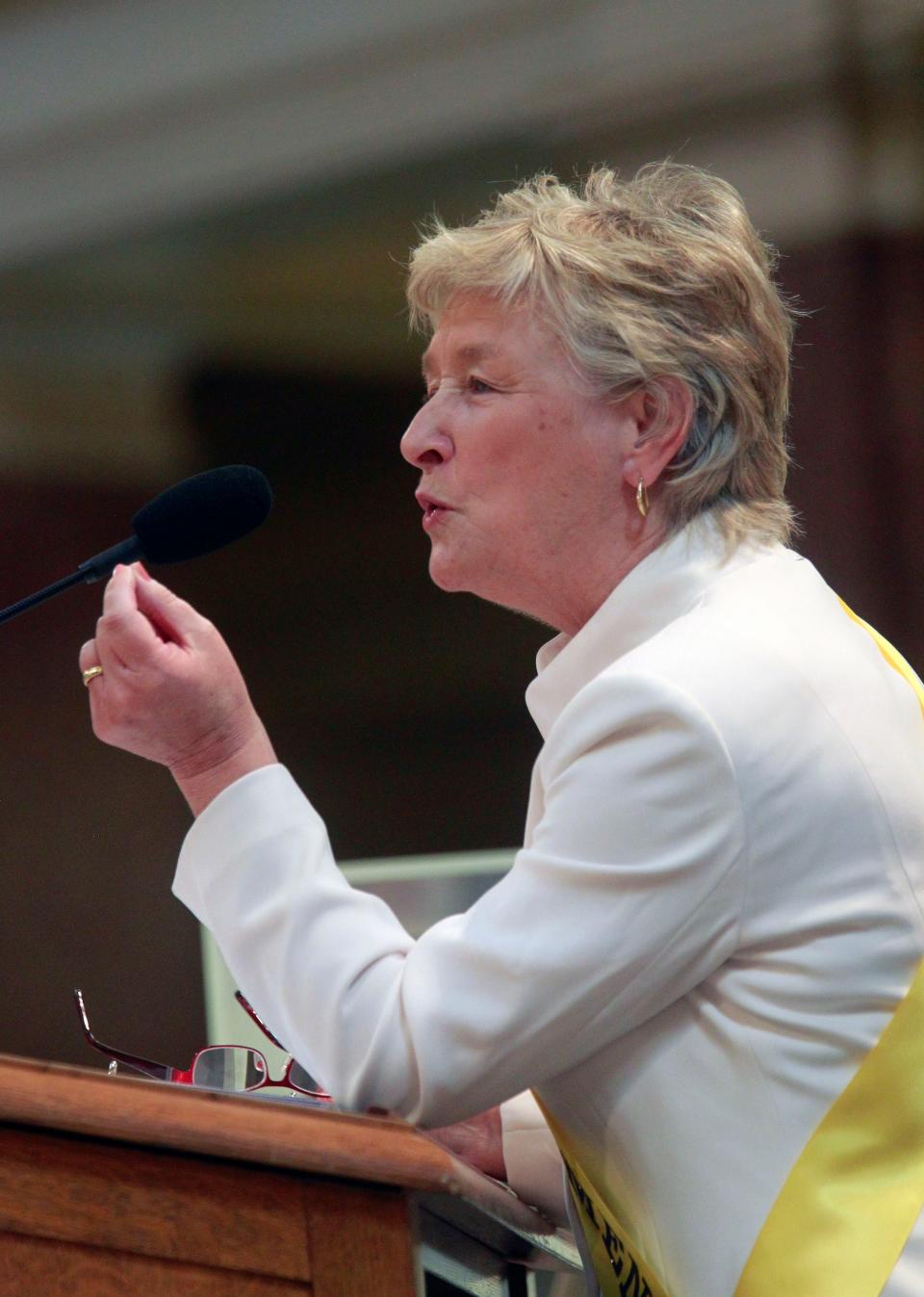 Wisconsin Supreme Court Justice Ann Walsh Bradley gives the keynote address at the Women's Suffrage Centennial Celebration at the state Capitol in Madison in 2019.