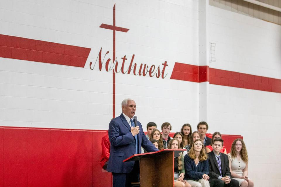 Former Vice President of the United States Mike Pence speaks at Lutheran North High School in Rochester Hills on Tuesday, May 17, 2022. Speakers supported the proposal to provide educational scholarships to Michigan students.