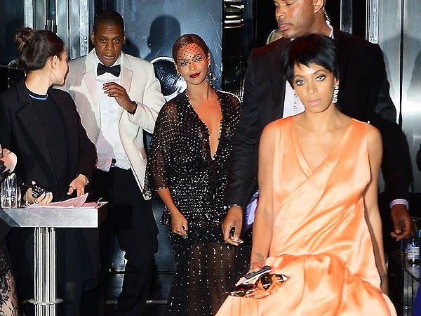 Splash News Online JAY-Z, Beyoncé and Solange leaving a Met Gala afterparty at the Boom Boom Room in the Meatpacking District in May 2014.